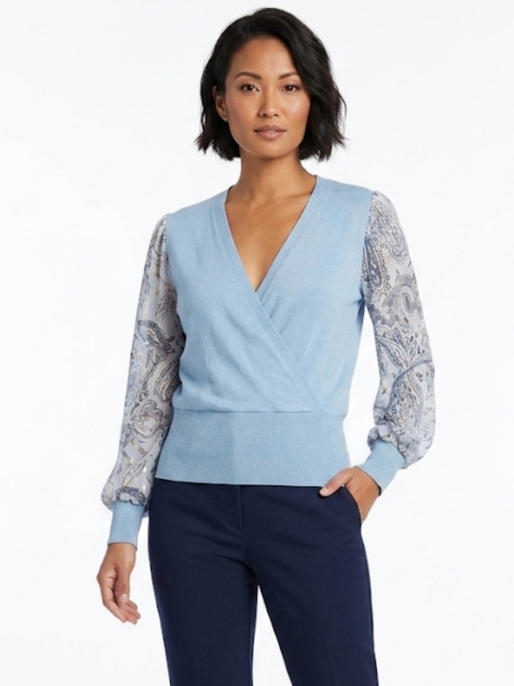 89th + Madison Blue Faux Wrap Sweater W/ Paisley Sheer Sleeves Large - Picture 8 of 8